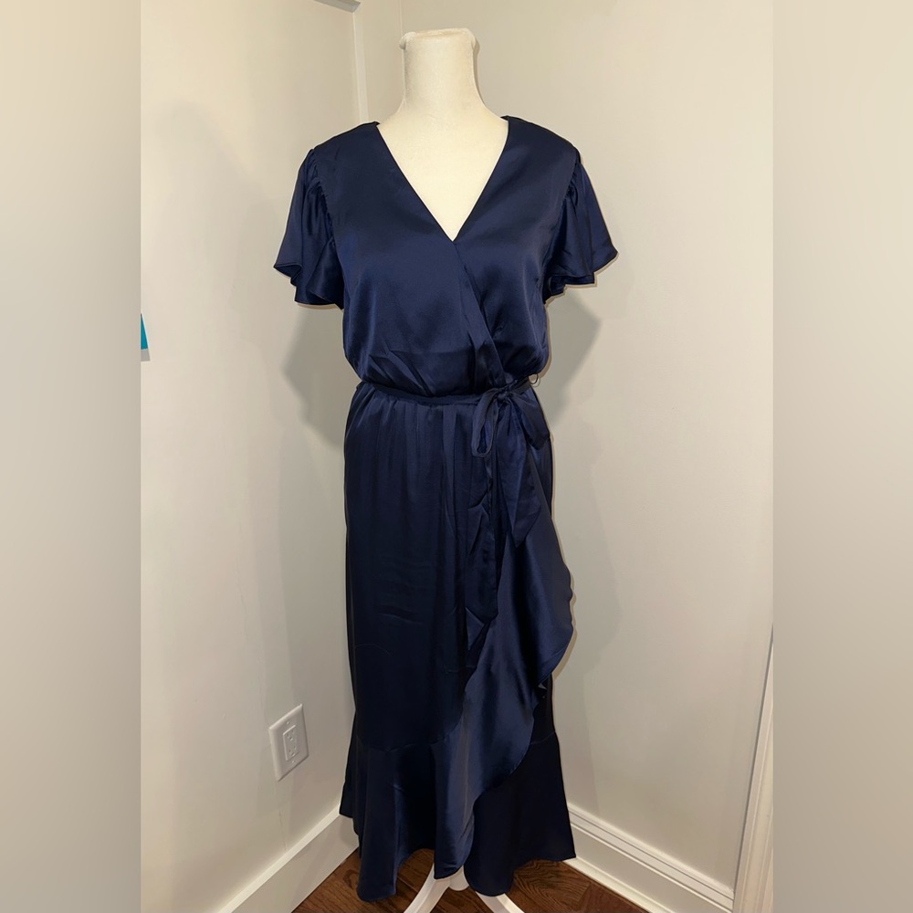 Ruffle Satin Wrap Midi Dress